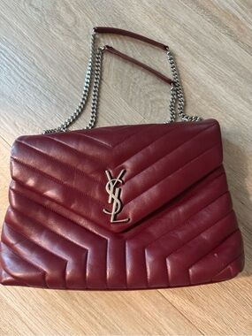 Saint Laurent Quilted Burgundy Leather Shoulder Bag with Silver Hardware